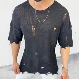 Men's Hollow Sexy Hole T-shirt Knitted Casual Loose Short Sleeve O-Neck Zipper Top Knitted T-shirt Men's Street Clothing 240105