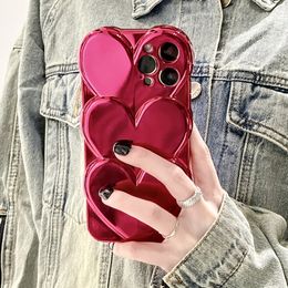 Fashion Stacked Hearts Plating Rose Case For iPhone 15 14 13 11 12 Pro Max Hot Girl 3D Silicone Back Phone Cover Funda Coque Capa