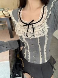 2024 Winter Basic Elegant Lace Shirt Women's Coat Long sleeved Kawaii Slim Fit Top Casual Korean Fashion Pullover Women's Design 240104