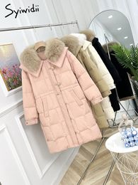 Syiwidii 90 White Duck Down Jacket for Women Fall Winter Long Sleeve Loose Puff Jacket Chic Fur Collar with A Hood Coat 240105