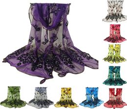 Scarves Design Women Chiffon Peacock Feather Flower Embroidered Lace Stylish Scarf Long Soft Wrap Shawl Ladies Stole3613332