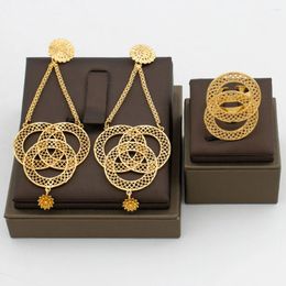 Necklace Earrings Set Trend Gold Color Hoop And Ring Luxury Round Jewelry For Women Design Long Chin Bridal Wedding Party