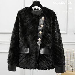 Jackets Mink Fur Coat Round Neck Women's Clothes Natural Fur Mink Coats Winter Warm Short Leather Sleeves Female Black Jacket Outwear