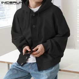 Men Hoodies Solid Colour Hooded Long Sleeve Pockets Button Sweatshirts Men Streetwear Korean Casual Outerwear S-5XL INCERUN 240104