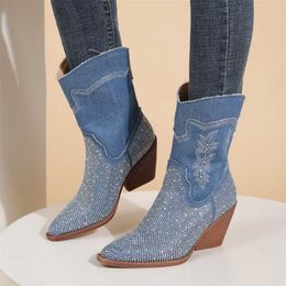 Boots New Rhinestone Pointed Mid Barrel Thick Heel Spicy Girl Blue Western Cowboy 230830