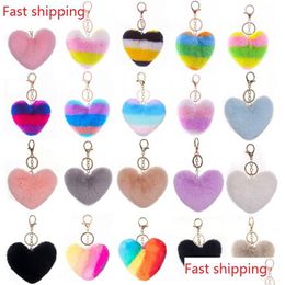 Keychains & Lanyards Fast Fashion Splicing Heart Ball Pom Keychain Fluffy Faux Rabbit Fur Pompom Women Bag Charms Trinket Christmas D Dhlkv