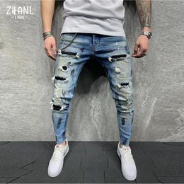 Men Clothing Street Fashion Jeans Skinny Slim fit Ripped Stretch Man Hole Patchwork Casual Jogging Denim Pencil Pants 240104