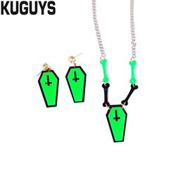 Halloween Horror Jewellery Set Acrylic Neon Green Coffin Bone Drop Earrings Pendant Necklace Trendy Accessories3458143