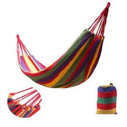 Hammocks Portable Travel Cam Canvas Hammock Outdoor Swing Garden Indoor Slee Rainbow Stripe Single Hammocks With Bag Bed 185X80Cm Drop Dhw43