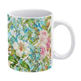 Mugs Pink Roses And Forgetmenot White Mug Custom Printed Funny Tea Cup Gift Personalised Coffee Blossom Spring Flower Nature