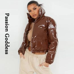 Jackets Winter Women Cute Shiny Pu Leather Puffer Jacket Warm Thick Bubble Coats Bright Leather Parkas Down Red Pu Zipper Cropped Puffer