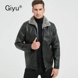 Giyu Leather Jacket Men FallWinter Casual Lapel Plush Thermal Male Motorcycle PU Zipper Stand Windproof Coat 240105