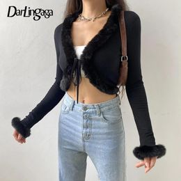 Shirts Darlingaga Autumn Winter Faux Fur Trim Long Sleeve Tshirts Front Tie Up Knitted Sexy T Shirt Women Cardigan Cropped Top Tee New