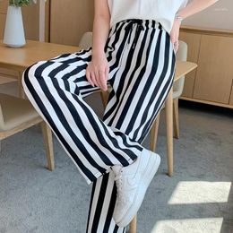 Women's Pants Korean Style 2024 Arrival Summer Women All-matched Ankle-length Casual Elastic Waist Striped Straight V638