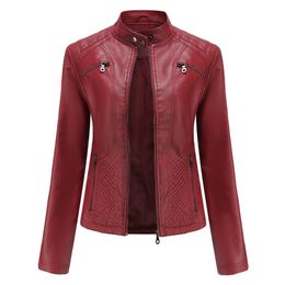 Spring Casual Women Leather Jacket Stand Collar Slim Fit Short PU Coat Solid Classic Female Outerwear 240105