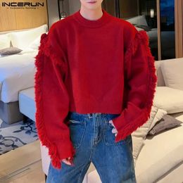 INCERUN Tops Korean Style Men's Pullover Design Solid All-match Sweatshirts Tassels Trimmed Long Sleeved Sweaters S-5XL 240104