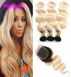 Brazilian Human Hair Mink 1B613 Blonde Body Wave 3 Bundles With 4X4 Lace Closure Middle Three Part Body Wave Wefts With Clo2817540