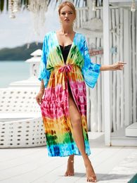 Women's Swimwear Cover-ups Print Colourful Beach Kimono Tunic For Kaftan Bikini Cover Up Beachwear 2024 Belt Dress Robe Plage Pareos