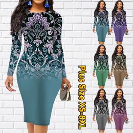 Casual Dresses 2024 Women Retro Knee-length Skirt Midi Autumn Winter Round Collar Long Sleeve Design Printing Dress Tight