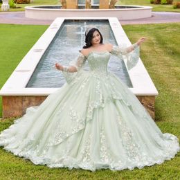 Sage Green Ball Gown Quinceanera Dress 2024 Appliques Lace Tull Princess Vestidos De 15 Anos Birthday Party Sweet 16 Dress