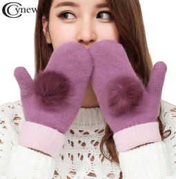 Real Fur Ball Design Womens Knitted Mittens Gloves Winter Autumn Keep Warm Wool Gloves High Quality Fashion Female Glove5050235