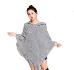 Tassel Knitted Hooded Poncho For Women 2017 Solid Hollow Out Shawls Scarves Wraps Female Loose Winter Hoodies Scarf6752872