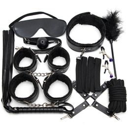 Sexy Leather Kits Plush Sex Bondage Set Handcuffs Sex Games Whip Gag Nipple Clamps Sex Toys For Couples Exotic Accessories 240105