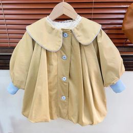 Tench Coats Trench Fashionable Girls Windbreaker Coat Spring Autumn Turn Down Collar Baby Pleated Soild Simple