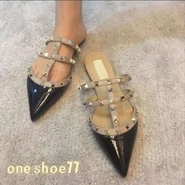 Dress Shoes classic women slippers high quality Designer Sandals Slides Gold matt rivet leather studded spikes party beach outdoor flat slipper 1cm 6cm 10cm