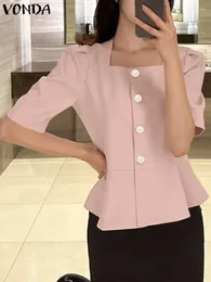 Women's Blouses VONDA Summer Blouse Casual Short Sleeve Tops 2024 Women Elegant Square Collar Shirts Sexy Solid Color Tunic Blusas