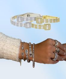 Bangle Men Women Hip Hop Jewellery With Baguette Cubic Zirconia Paved Open Adjusted Geometric Rectangle CZ Cluster Bracelets Wholesa5207247