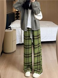 QWEEK Vintage Plaid Brushed Pant Korean Dongdaemun 2023 Winter Thick Harajuku Pants Checked Loose Casual Fleeced Trousers 240104