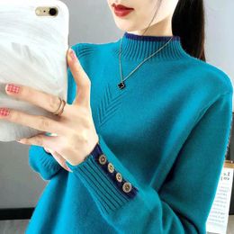 Women's Sweaters Fashion Stand Collar Spliced Button All-match Clothing 2024 Winter Loose Knitted Casual Pullovers Korean Tops
