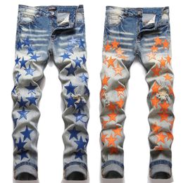 Men's slimming denim pants light luxury stars embroidery jeans trendy ripped casual jeans street fashion jeans pants men; 240104