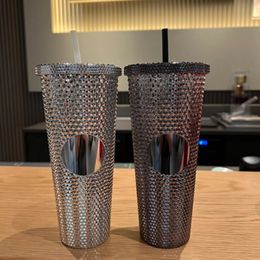 Double Wall 710ml Plastic Diamond Tumbler Bling Diamond Studded Straw Cold Tumble Durian Cup With No Ab Colour 24oz 2colors 240105