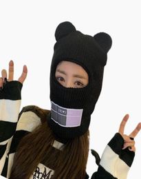 Beanieskull bonés urso orelhas balaclava senhoras 1 buraco máscara de esqui artesanal crochê rosto cheio chapéu de lã bonito menina inverno streetwear quente5259141