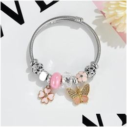 Charm Bracelets Gold Colour Stainless Steel Bangle Diy Cute Crystal Clover Beads For Women Girls Lovely Accessories Gifts Friends Drop Otgzq