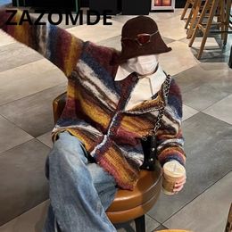 ZAZOMDE Winter Rainbow Color Contrast Jumper Oversize Cardigan Sweater Knitwear Men Loose High Street Couple Stripe Sweater Coat 240104