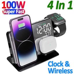 Wireless Chargers 100W 4 in 1 Wireless Charger For 14 13 12 Pro Watch S8 7 Fast Charging Dock Station Desktop LED Digital Alarm Clock YQ240105