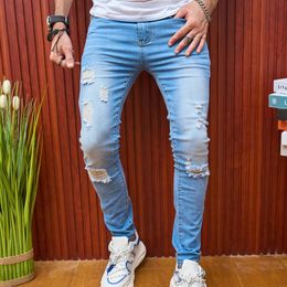 Stylish Streetwear Men Skinny Jeans Pants Holes Solid Casual Slim Male Denim Trousers 240104
