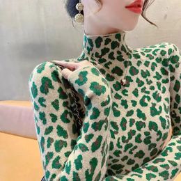 Women Knitted Leopard Print Jacquard Y2k Style Sweater Vintage Fashion Slim Elastic Fashion Knitted Tops 240105