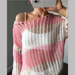 Dresses Hirsionsan Sexy Beach Style Striped Loose Knitted Pullovers Women Casual Hollow Tops Female Summer O Neck Long Sleeve Sweater