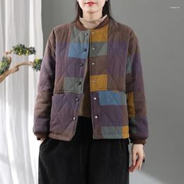 Women's Trench Coats Retro Contrast Colour Women Parkas Plaid Cotton-Padded 2024 Loose Casual Stand-up Collar Cardigan Big Size Thick Coat