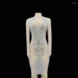 Stage Wear Nude Shining Rhinestones Crystal Sexy Women Sheath Dress Nightclub Party Evening Cloth Singer Dance Costume Birthday