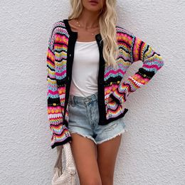 Female Rainbow Colour Striped Sweater Cardigan Autumn Women Casual Cardigan Simple Front Open Sweaters Hollow Out Daily Outfit 240104