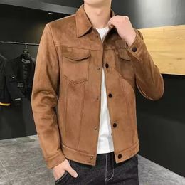 2024 Autumn Fashion Mens Suede Leather Jackets Coats Turndown Collar Casual Outwear Male Clothes 240105