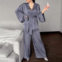 Women's Sleepwear 2024 Women Robes W/Sashes 2 Piece Set Solid Color Wrist Sleep Tops Satin Pants Loose Pajamas Casual Female XSuit