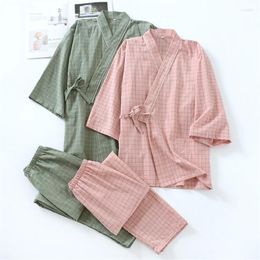 Women's Sleepwear 3Colors Pyjamas Japanese Kimono Yukata Set Men Women Summer Cotton Plaid Short Sleeve Loose Bathrobes Couple Lover