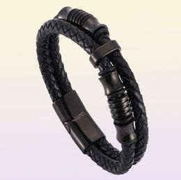 Double Woven Leather Bracelet For Men Punk Jewelry Black Stainless Steel Magnetic Clasp Wristband Fashion Bangles Gifts Bangle1998709