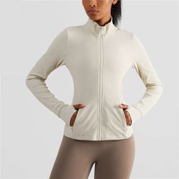 2024 LU LU Rib Align Lemon Fitness Women Sport Jacket Top Comprehensive Training Zipper Long Sleeve Yoga Coat Stand Collar Windbreak Pocket